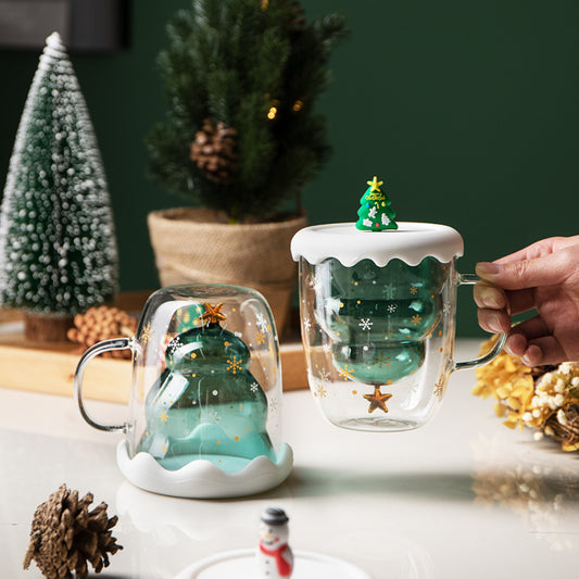Taza de Café Navideña de Vidrio Resistente al Calor con Tapa y Asa