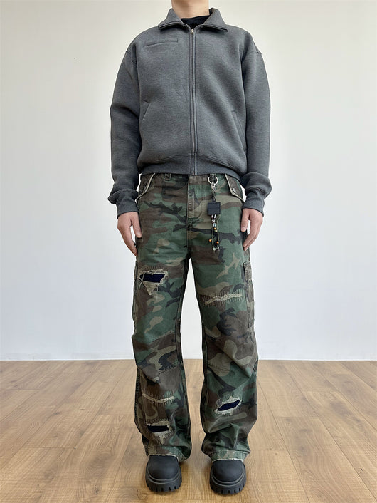 Pantalones Cargo Militares Desgastados con Bordados y Corte Recto Holgado - Image 5