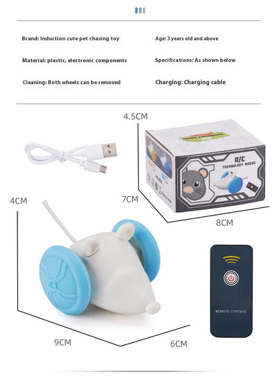 Yellow and white remote control electric mouse toy for cats, shown with its black remote and white charging cable. - Image 6