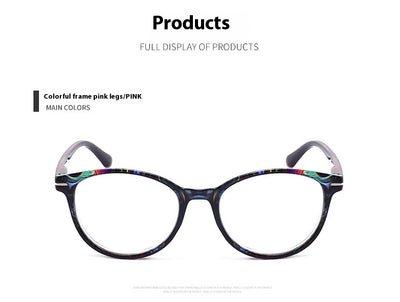 Four pairs of anti-blue light reading glasses with colorful full-rim frames in pink, tea, blue, and violet patterns. - Image 11