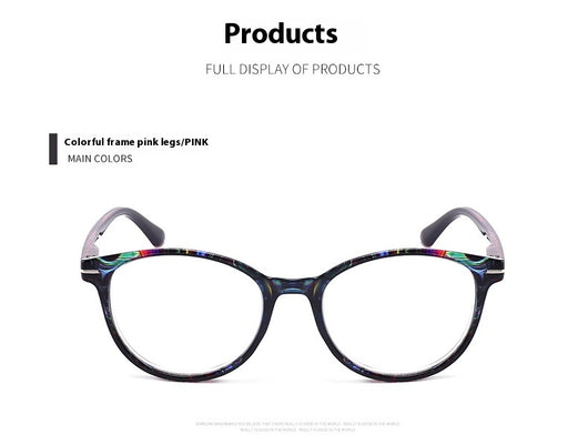Four pairs of anti-blue light reading glasses with colorful full-rim frames in pink, tea, blue, and violet patterns. - Image 11