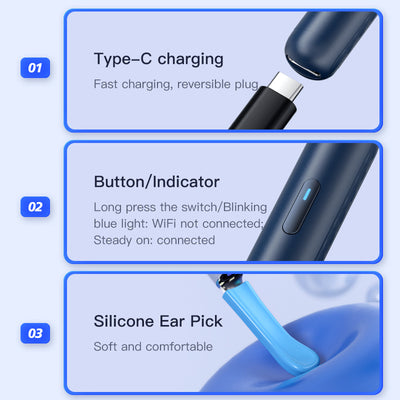 Blue wireless ear endoscope with camera, displaying an ear canal view on a smartphone, with various silicone ear spoon heads, charging cable, and storage jar. - Image 3