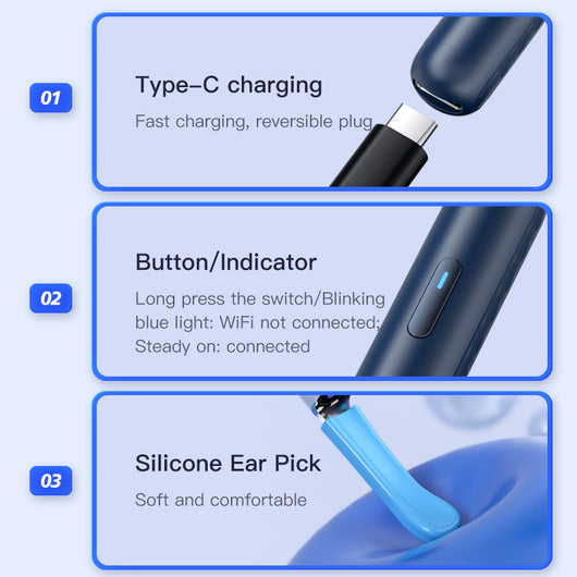 Blue wireless ear endoscope with camera, displaying an ear canal view on a smartphone, with various silicone ear spoon heads, charging cable, and storage jar. - Image 3