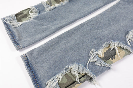 Pantalones Rectos de Camuflaje con Parches y Flecos Rotos para Hombre - Image 13