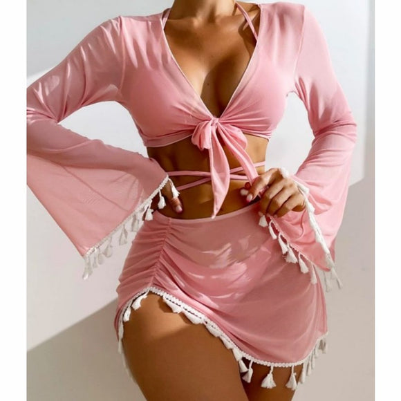 Traje de Baño Cuatro Piezas Elegante con Blusa de Malla y Falda Tassel