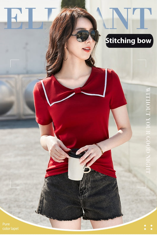 Blusa Coreana Cuello Redondo con Lazo Ajustada de Algodón Manga Corta - Image 22