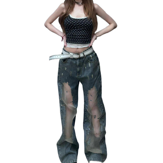 Jeans Rotos Vintage Lavado Desteñido con Detalles Calados para Mujer - Image 6