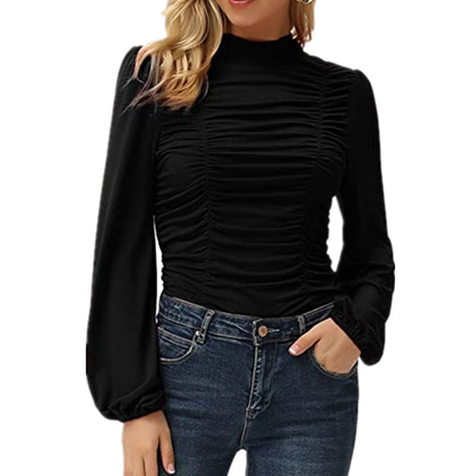 Blusa Manga Linterna Cuello Alto Colores Sólidos para Mujer - Image 8