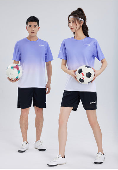 Purple and white gradient short-sleeve t-shirt with 'SPORT' text and black athletic shorts for women. - Image 21
