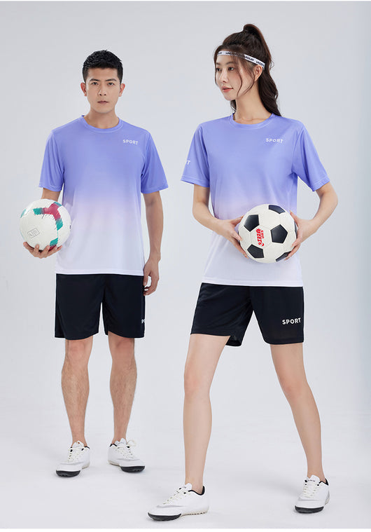 Purple and white gradient short-sleeve t-shirt with 'SPORT' text and black athletic shorts for women. - Image 21