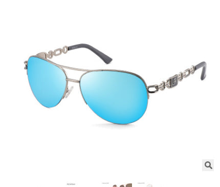 Women's pilot sunglasses with rose gold frames, pink mirrored lenses, and chain-link detail on the temples. - Image 11