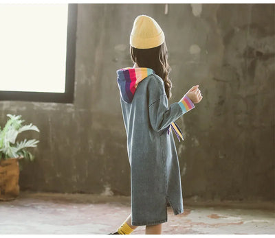 Vestido Infantil Manga Larga Arcoíris en Denim Sólido - Image 13