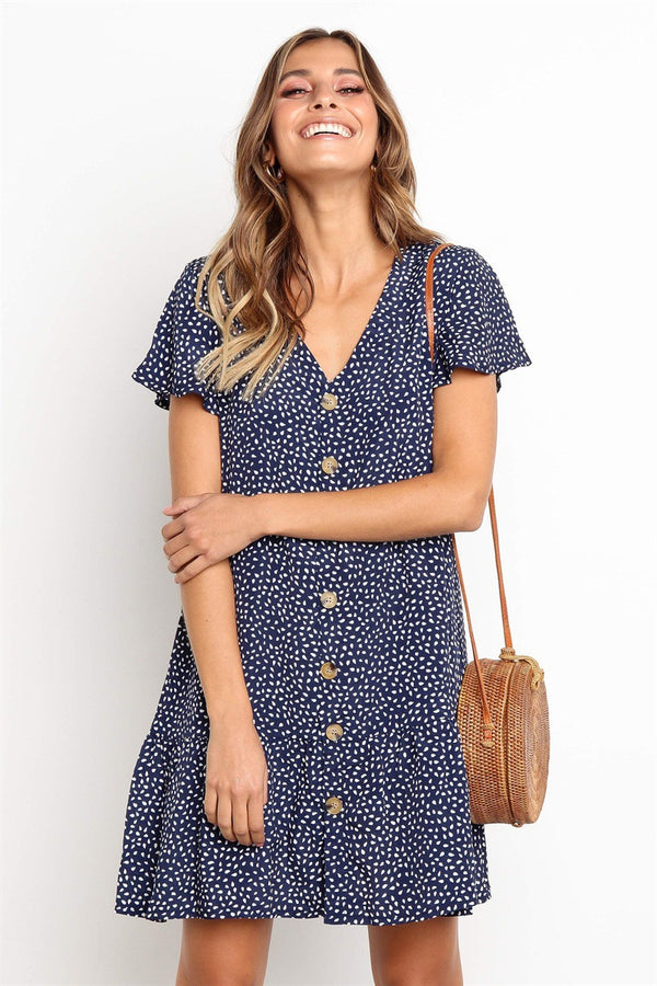 Vestido Estampado con Escote V y Botones de Manga Corta - Image 3