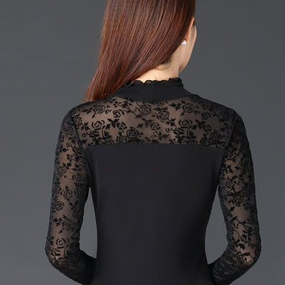 Blusa Ajustada de Encaje Mesh con Cuello Hongo - Manga Larga para Mujer - Image 5