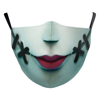 White ear hook dust mask with a black and white clown face design, featuring a wide stitched smile. - Image 15