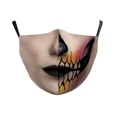 Beige double-layer dust mask with ear hooks, featuring a digital print of a wide, creepy smile with white teeth and red gums. - Image 17
