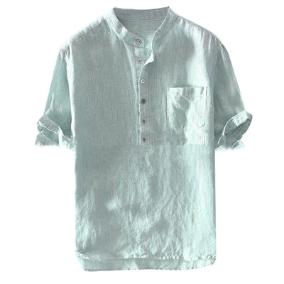 Camisa Casual de Hombre con Cuello Alzado y Rayas Lavadas - Image 4