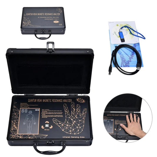 Black 6G Quantum Analyzer Palm Touch Health Detector in a briefcase-style case, with a hand on the sensor. - Image 2