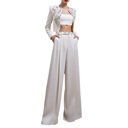 Traje Elegante de Estilo Británico con Chaqueta Corta Bordada y Pantalón Ancho - Image 2