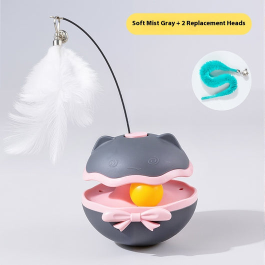 Lemon yellow electric cat toy tumbler with a white feather teaser and two teal worm-like replacement heads. - Image 7