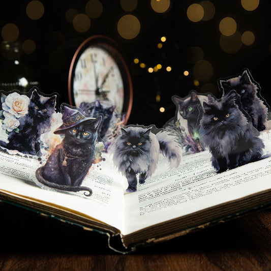 Set of die-cut PET stickers featuring various black cats with purple and blue watercolor effects, some with moons, stars, or wizard hats. - Image 2