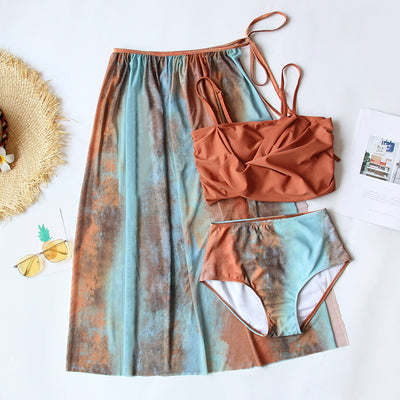 Men's or unisex swim shorts with a blue, orange, and brown abstract tie-dye print, featuring a drawstring waist and side pockets. - Image 9