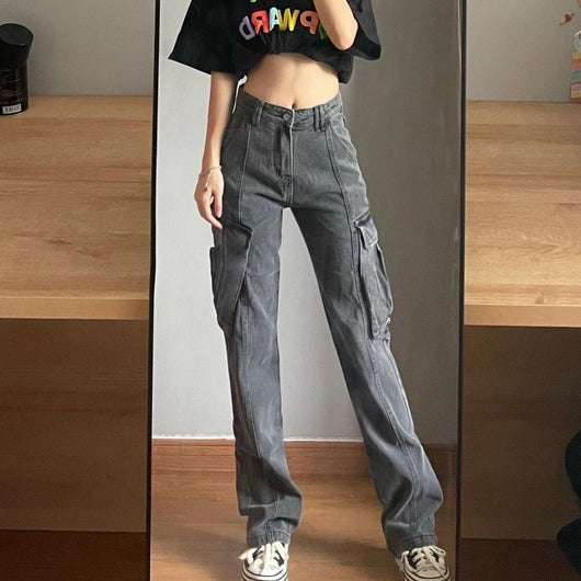 Jeans de Trabajo Gris Vintage con Bolsillos Funcionales para Mujer - Image 17