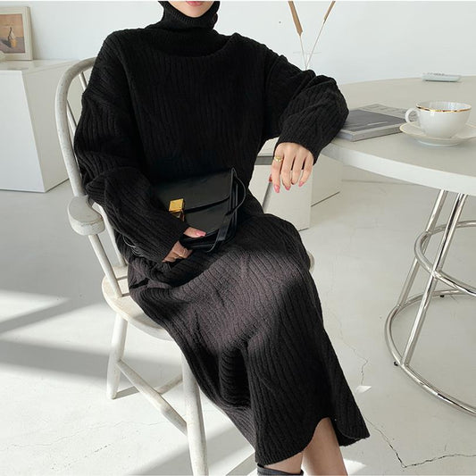 Vestido Suéter Largo Cálido Sobre la Rodilla - Diseño Liso y Acogedor