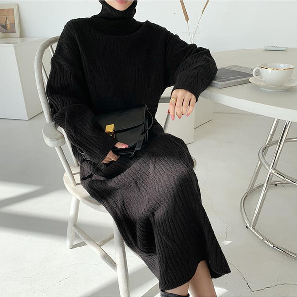 Vestido Suéter Largo Cálido Sobre la Rodilla - Diseño Liso y Acogedor