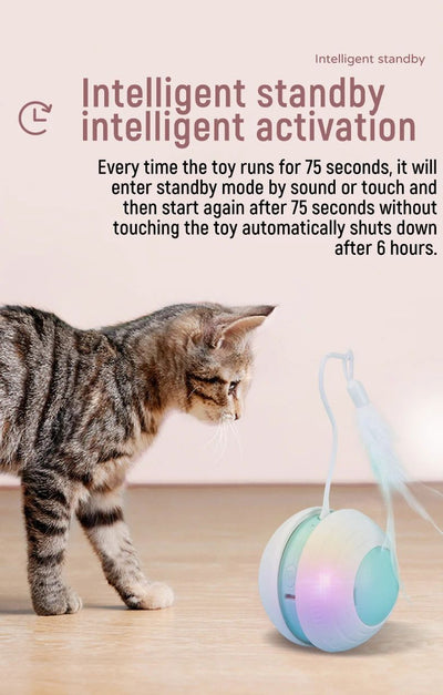 Electric pet toy ball with white and blue design, featuring a flexible arm with a blue feather teaser and a detachable feather. - Image 11