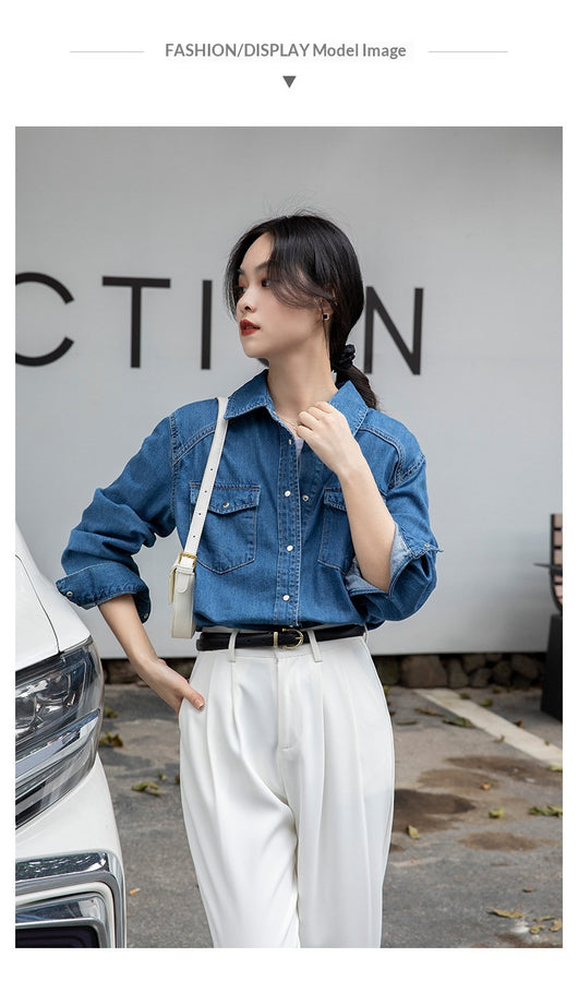 Camisa Denim Retro Azul - Prenda Versátil de Manga Larga - Image 16