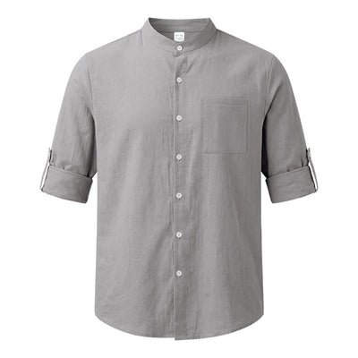 Camisa de Lino Estilo Americano con Cuello Mao y Mangas Medianas para Hombre - Image 36