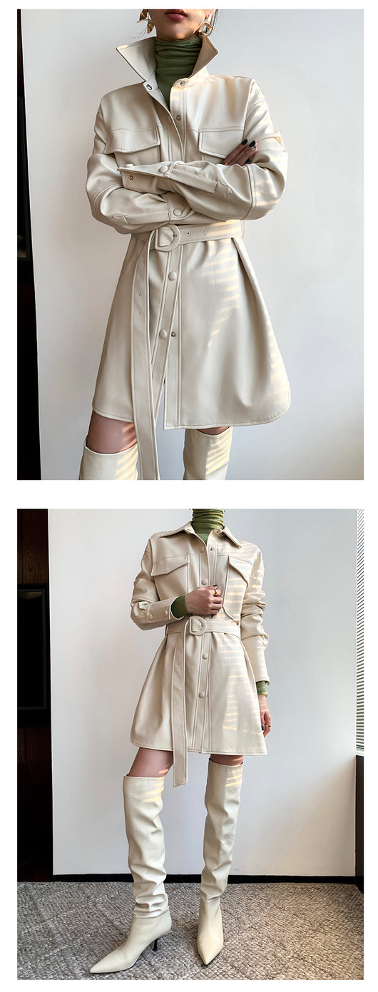 Abrigo de Cuero Blanco Retro con Blusa Entallada Midi para Mujer - Image 10