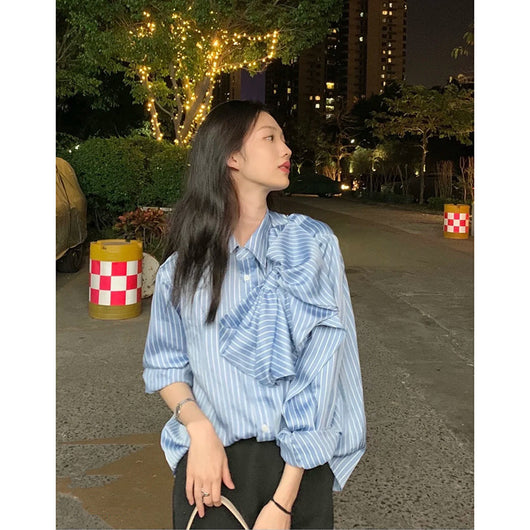 Blusa Casual Azul a Rayas con Lazo Coreano y Manga Larga para Mujer - Image 3