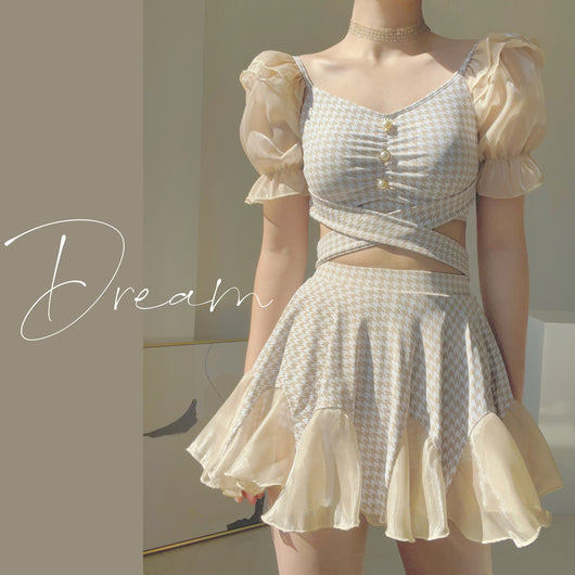Women's conservative two-piece swimsuit with beige and white houndstooth pattern, sheer puff sleeves, and a flared skirt. - Image 6