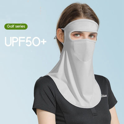 Light grey women's ice silk sunscreen mask with a brim, ear loops, and mesh mouth for UPF50+ UV protection.