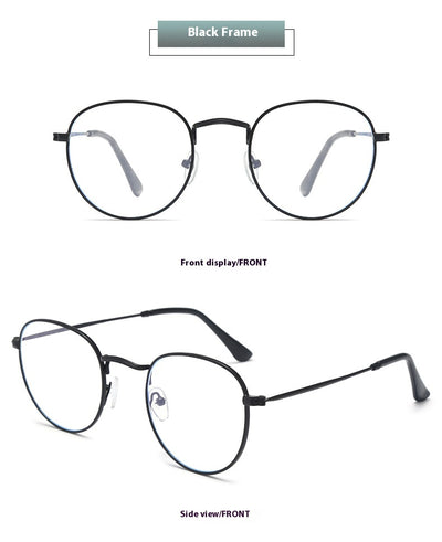 Black metal round frame anti-blue ray glasses with clear lenses, shown at an angle on a white background. - Image 15