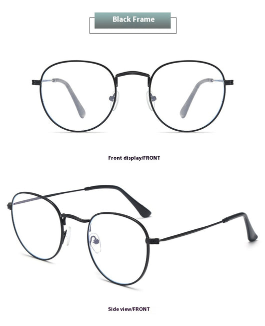 Black metal round frame anti-blue ray glasses with clear lenses, shown at an angle on a white background. - Image 15