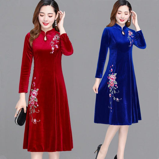 Vestido Mujer Estilo Occidental Terciopelo Dorado Manga Larga - Image 6