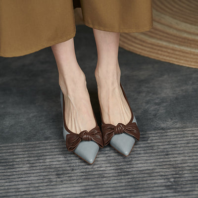 Zapatos de Cuero para Mujer con Moño - Tacón Medio Primavera Otoño