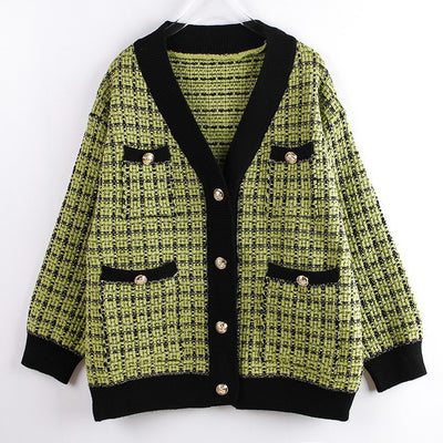 Cardigan Tejido Cuadros Mujer Estilo Elegante Oversize Abrigo Grueso - Image 19