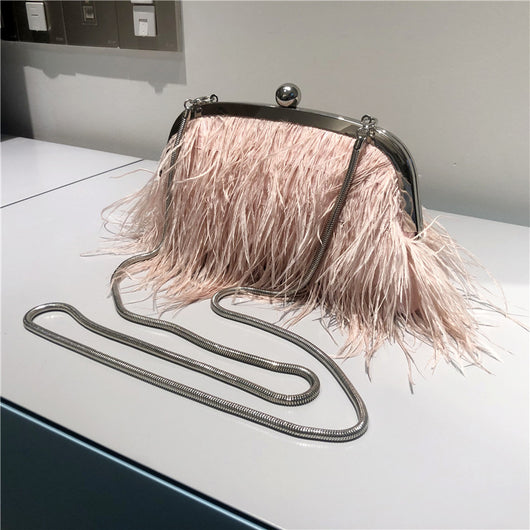 Bolso Bandolera de Plumas de Avestruz con Cadena de Perlas para Mujer - Image 10
