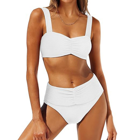 White pleated bikini with wide shoulder straps and high-waisted ruched bottom on a model. - Image 2