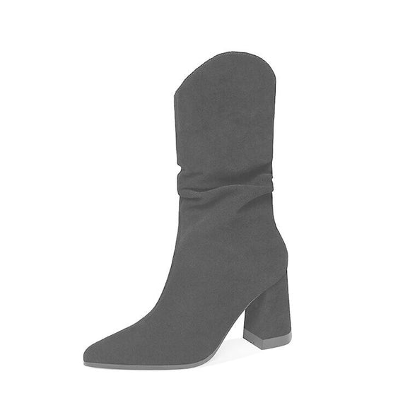 Botas Tobilleras Estilo Coreano con Tacón Grueso y Punta Afilada en Gamuza