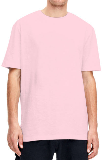 Plain light beige short-sleeved crew neck t-shirt made of cotton, shown on a model. - Image 37