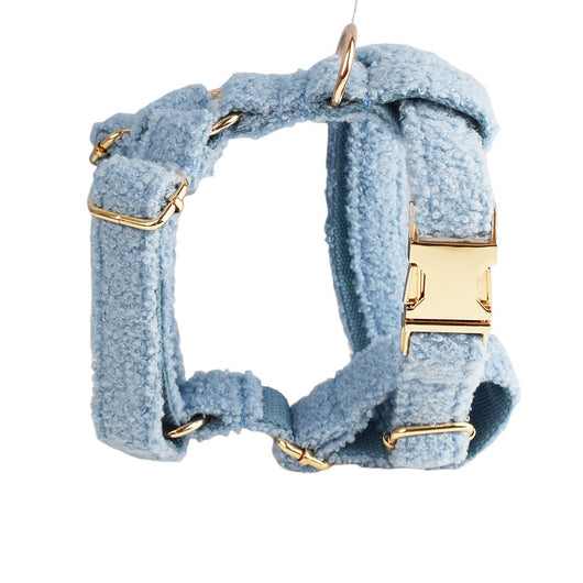 Light blue teddy bear textured dog collar and matching leash set with gold-colored hardware. - Image 4
