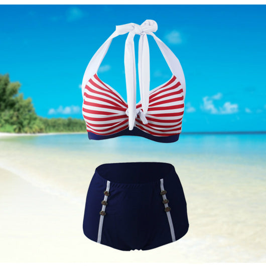 Bikini de Talle Alto Rayado Sexy con Diseño Dividido - Image 7