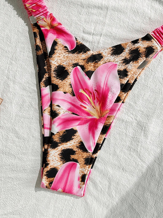 Women's tube top bikini swimsuit with a pink floral and leopard print, featuring a twisted front top and high-cut ruched bottom. - Image 16