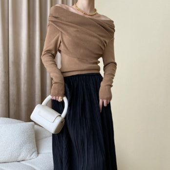 Blusa de Punto Asimétrica Estilo Francés con Hombros Descubiertos - Image 3