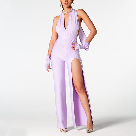 Jumpsuit Elegante sin Espalda con Escote en V y Abertura Lateral